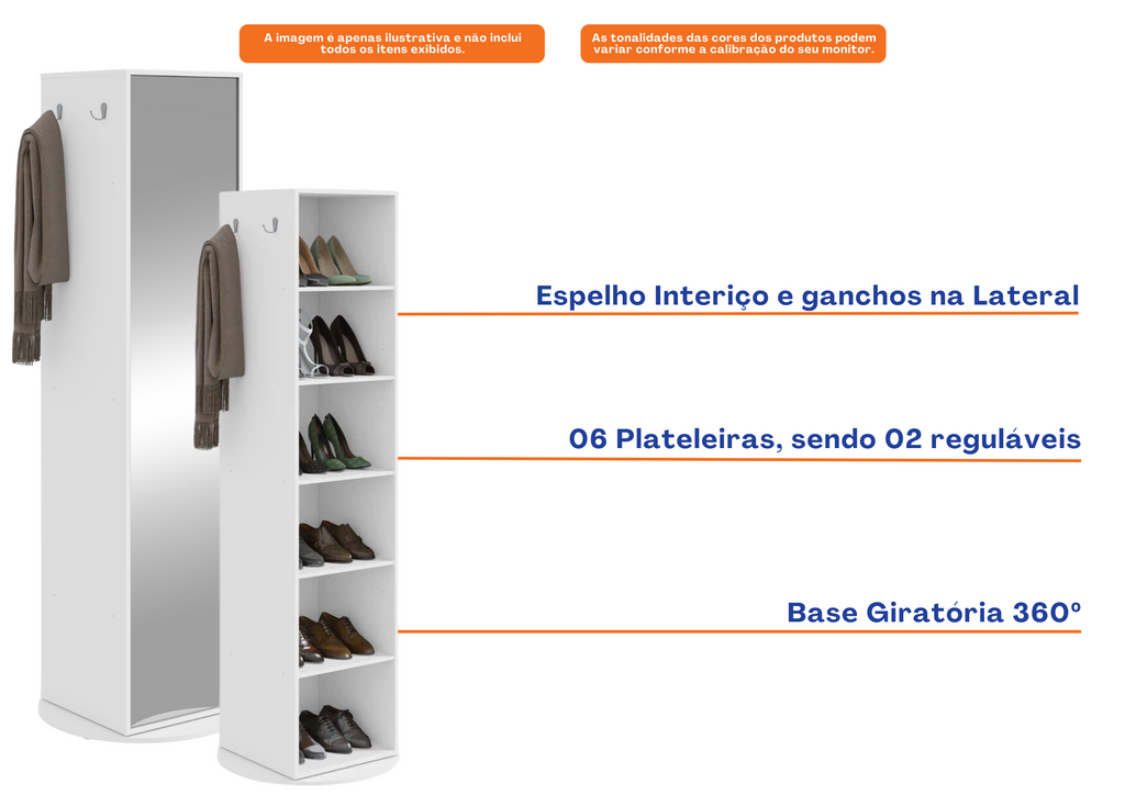 Sapateira Esthela Giratória Lopas 65x187cm com Espelho  Branco