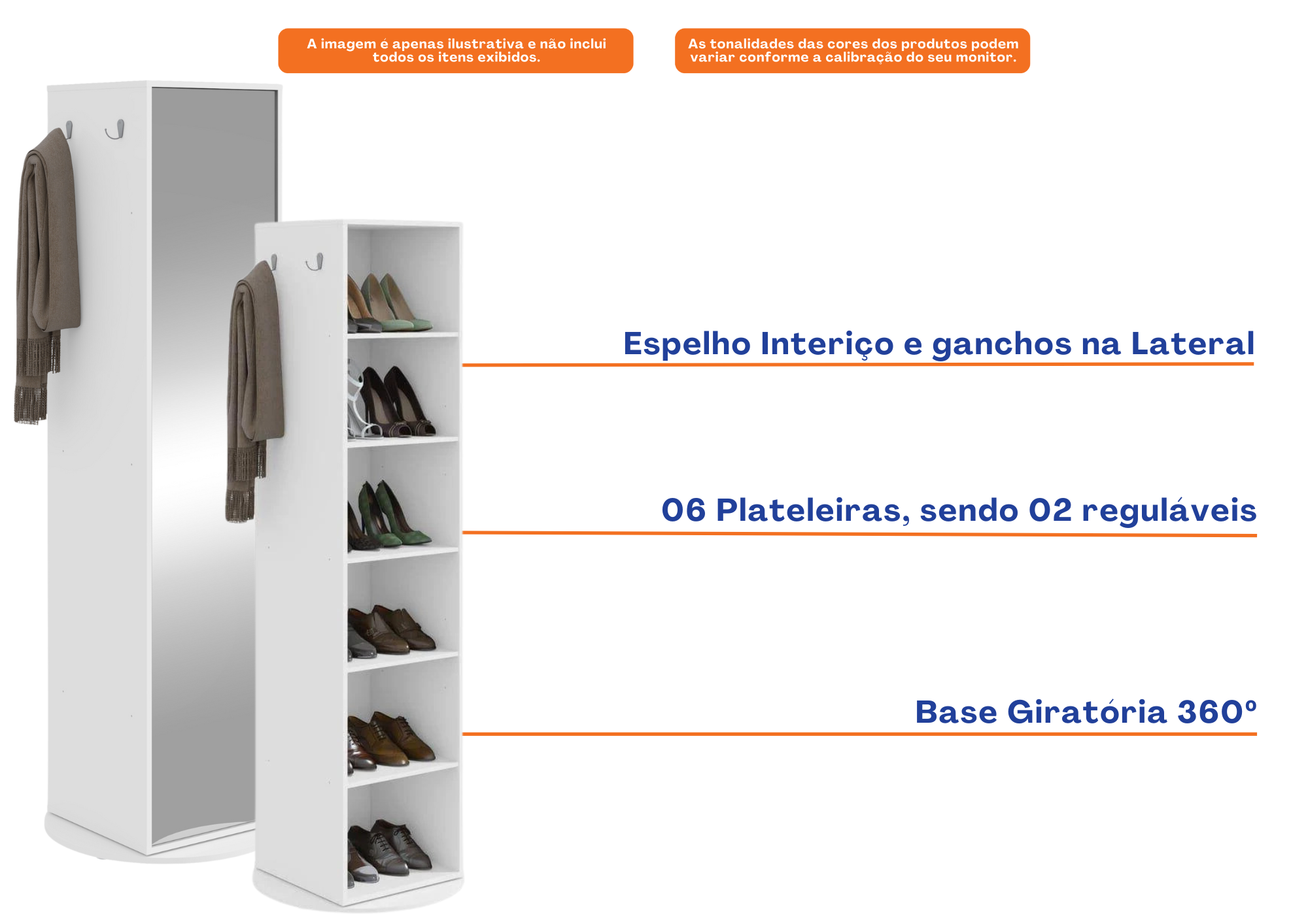 Sapateira Esthela Giratória Lopas 65x187cm com Espelho  Branco