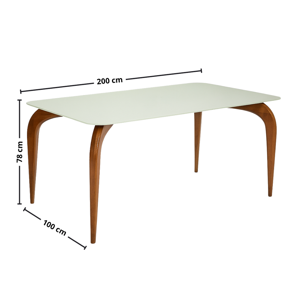 Mesa Bella Retangular Menegaz 200x100cm Canto Moeda Tampo Vidro Off White