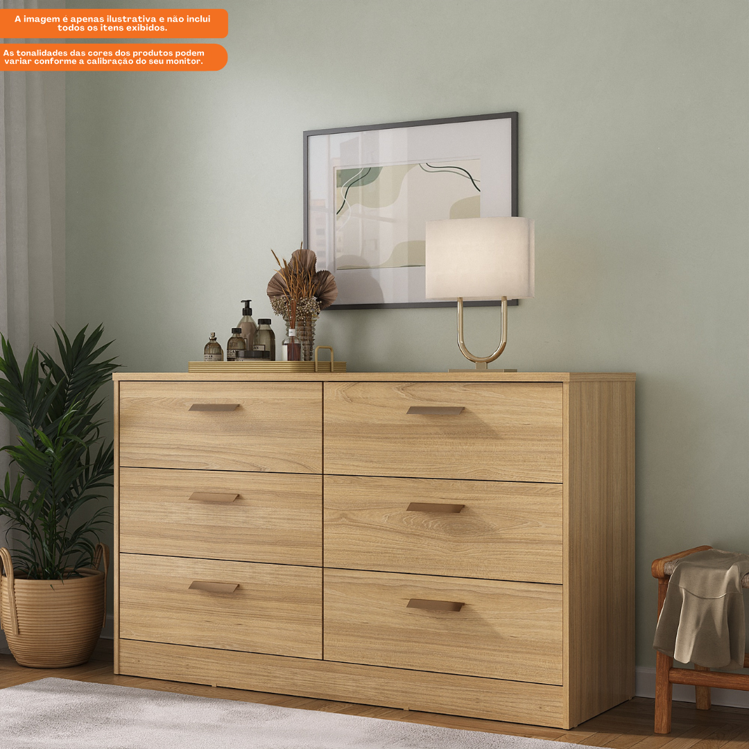 Cômoda Divino 140cm Mambel 100% MDF 6 Gavetas Olmo