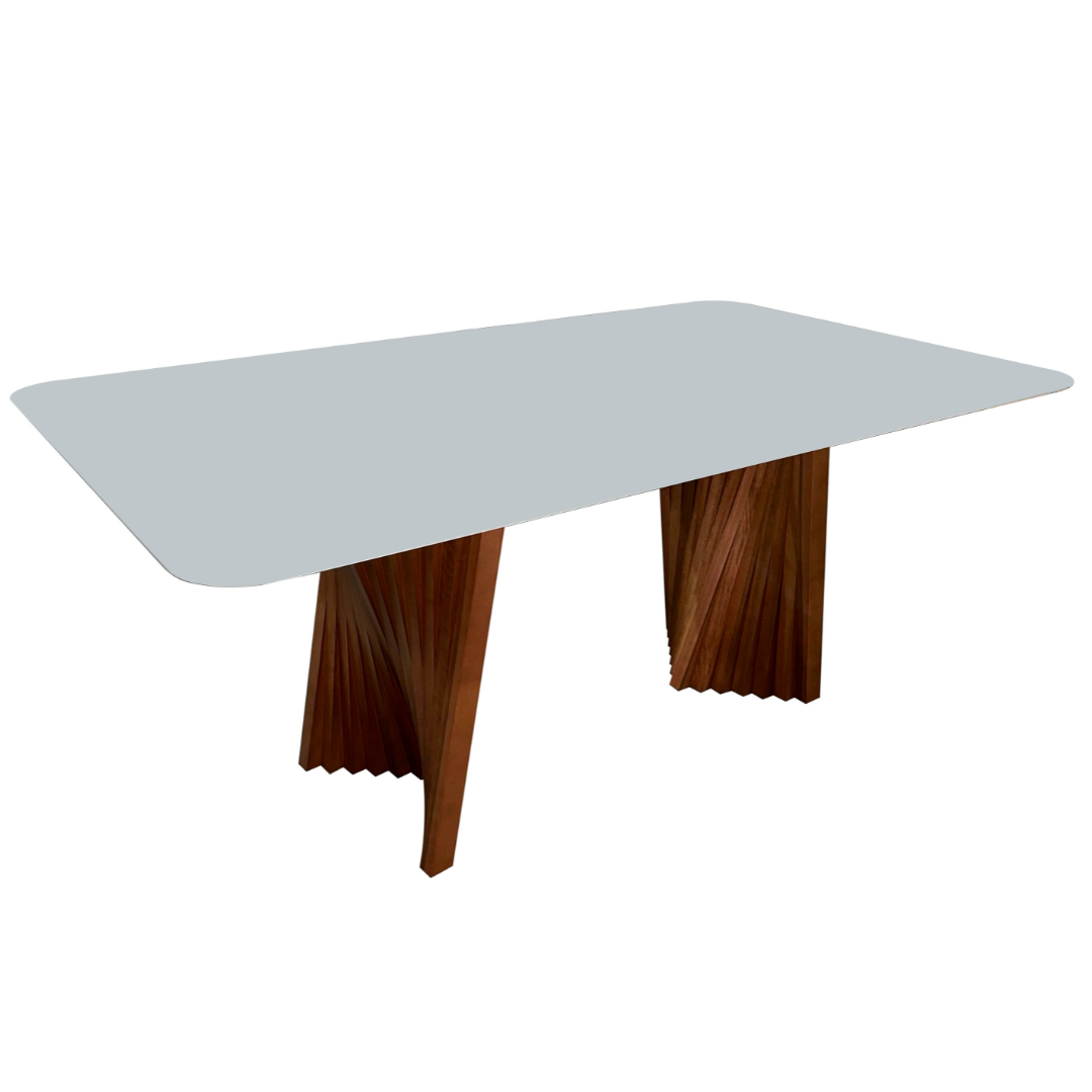Mesa Retangular Tania Menegaz 180x100cm Canto Moeda Noce Tampo de Vidro Off White
