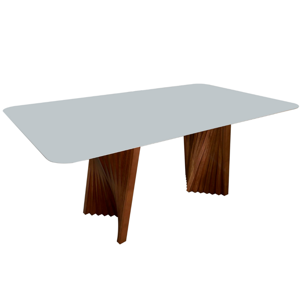 Mesa Retangular Tania Menegaz 180x100cm Canto Moeda Noce Tampo de Vidro Off White