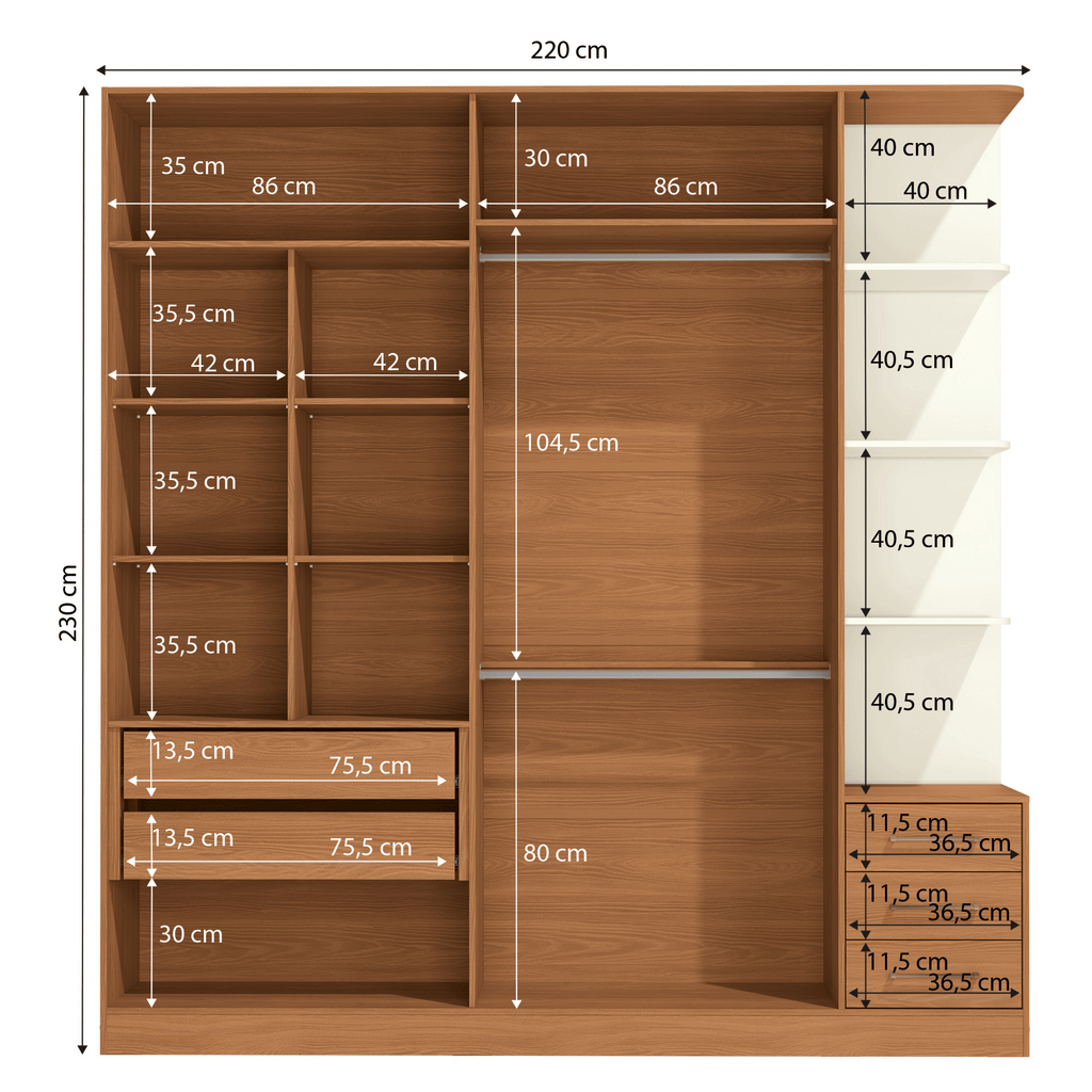 Roupeiro T593 Kappesberg 220cm 4 Portas 3 Gavetas e Nichos Canela e Off White