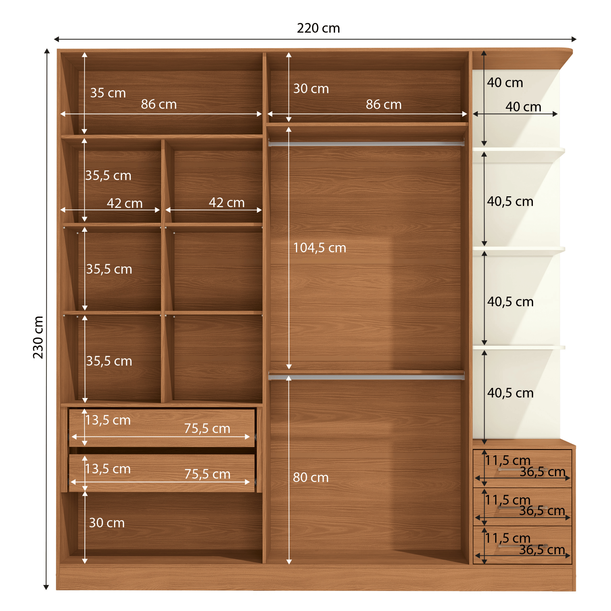 Roupeiro T593 Kappesberg 220cm 4 Portas 3 Gavetas e Nichos Canela e Off White