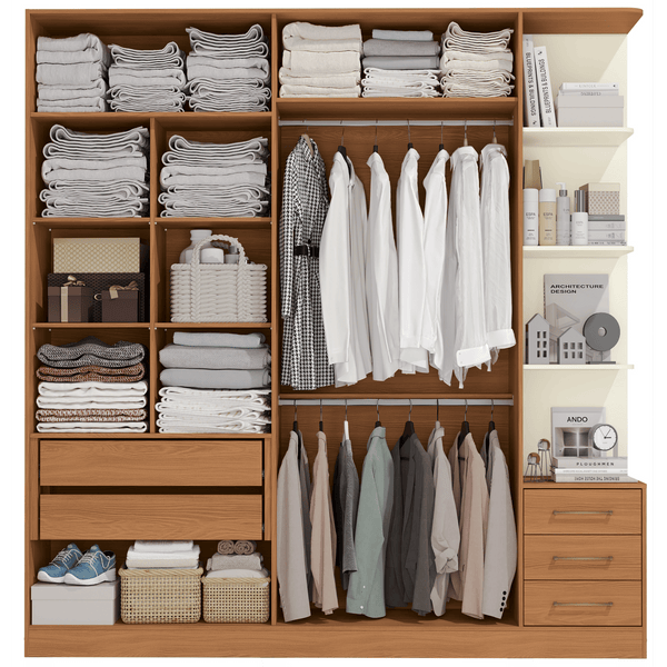 Roupeiro T593 Kappesberg 220cm 4 Portas 3 Gavetas e Nichos Canela e Off White