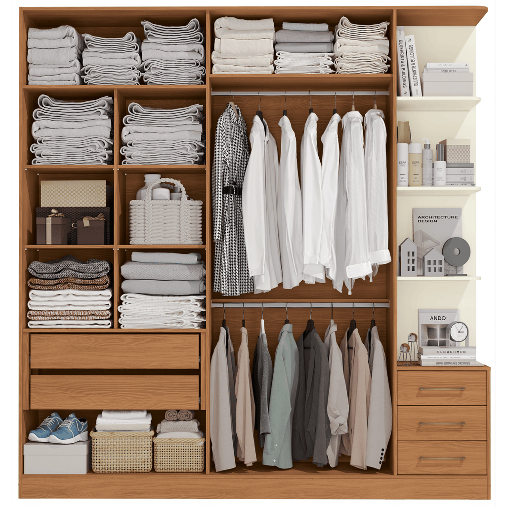 Roupeiro T593 Kappesberg 220cm 4 Portas 3 Gavetas e Nichos Canela e Off White