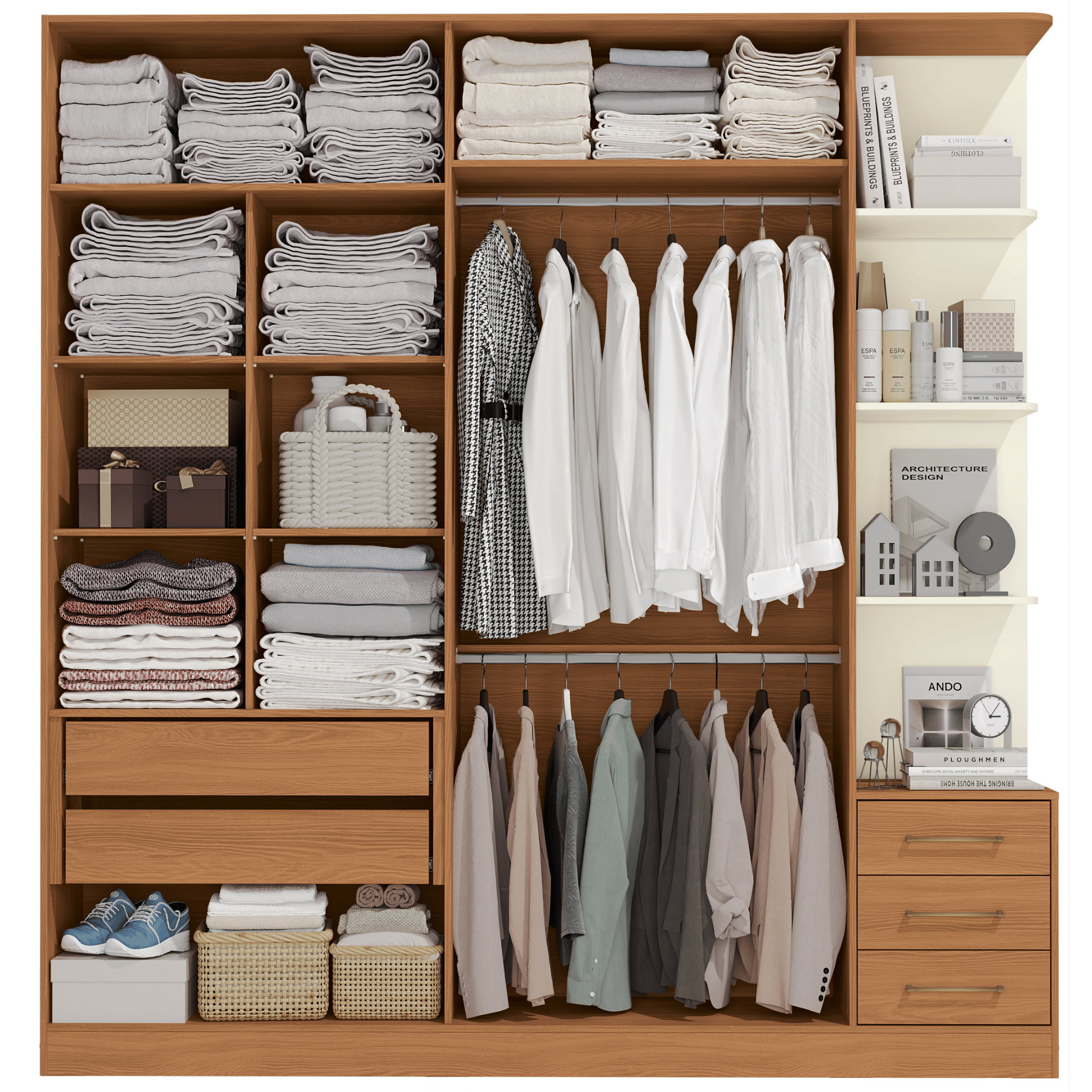 Roupeiro T593 Kappesberg 220cm 4 Portas 3 Gavetas e Nichos Canela e Off White