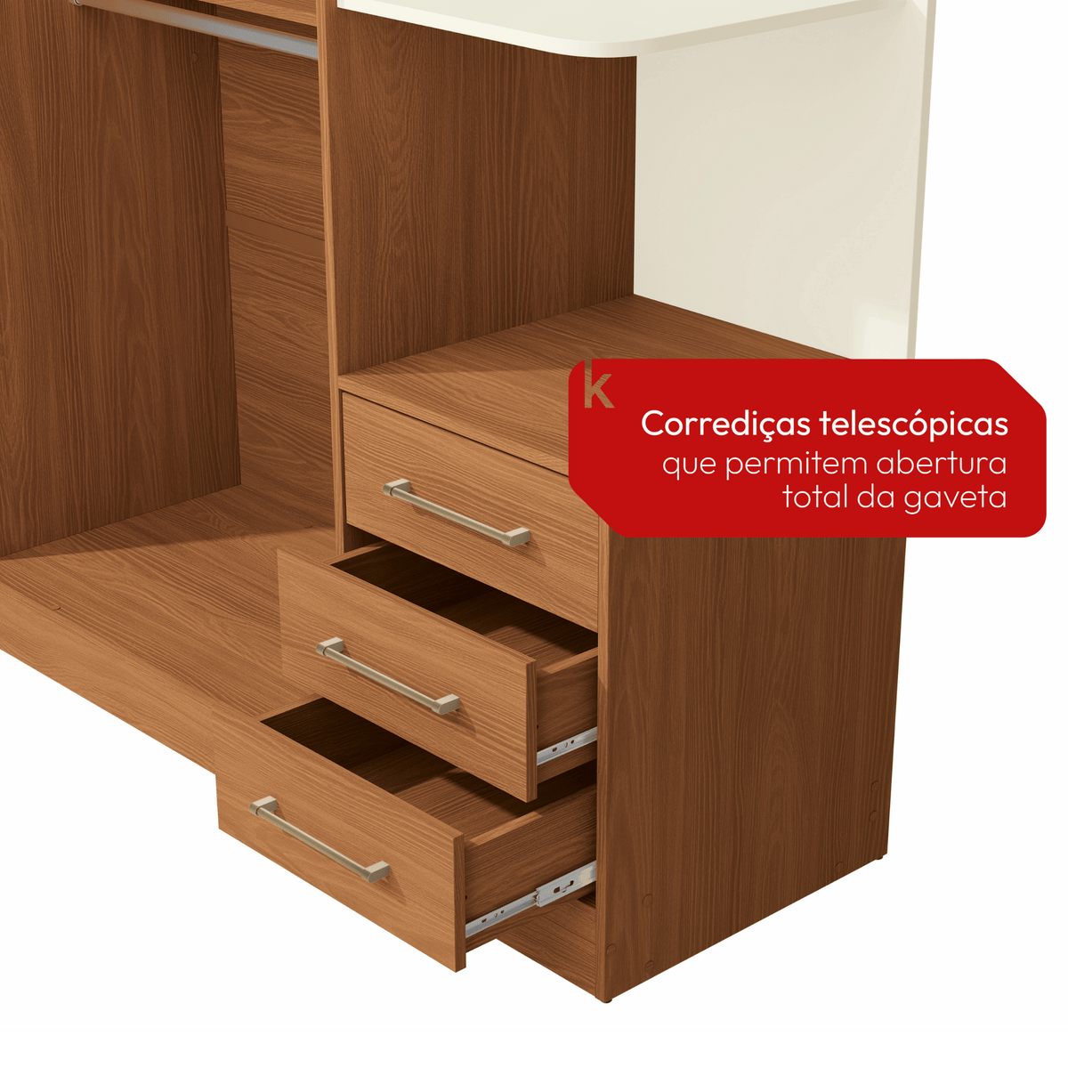 Roupeiro T593 Kappesberg 220cm 4 Portas 3 Gavetas e Nichos Canela e Off White