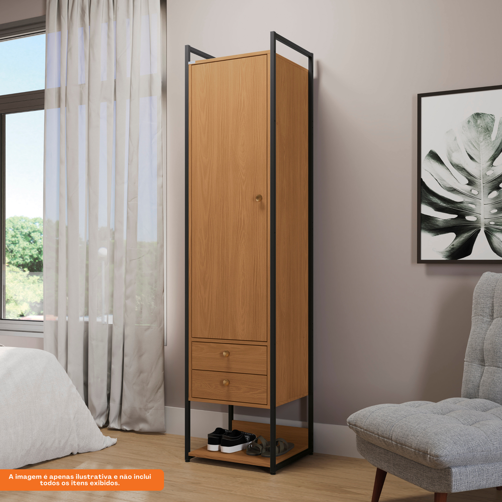 Armário Industrial Closet LI051 Kappesberg 48cm 1 Porta 2 Gavetas Canela e Preto Fosco
