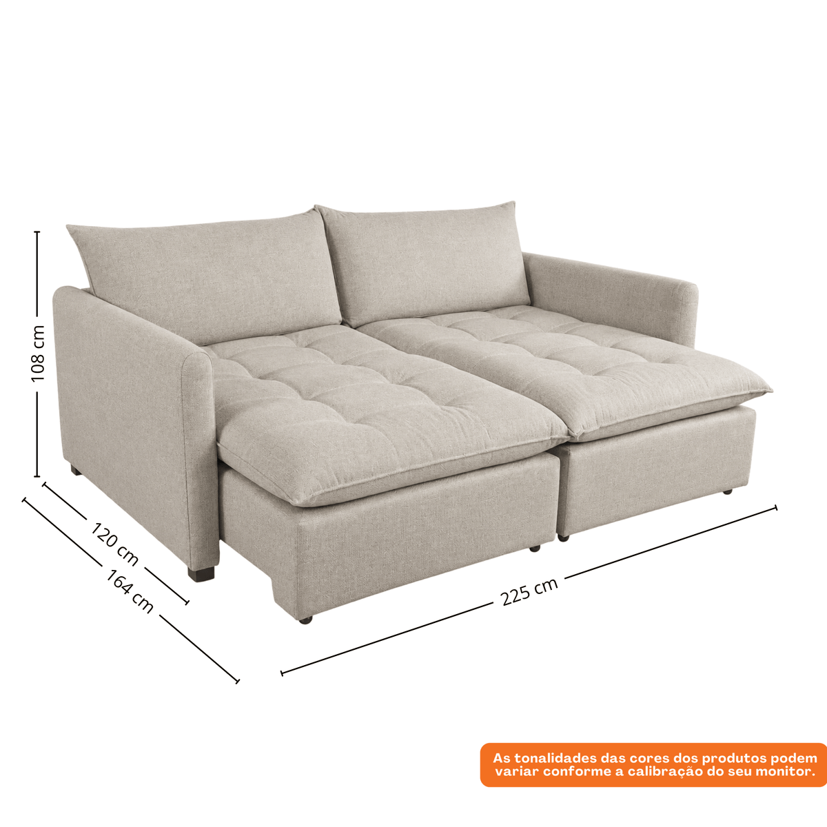 Sofá Texas 225cm Bella Design 2 Assentos Retráteis Encostos Reclináveis Linho Amêndoa