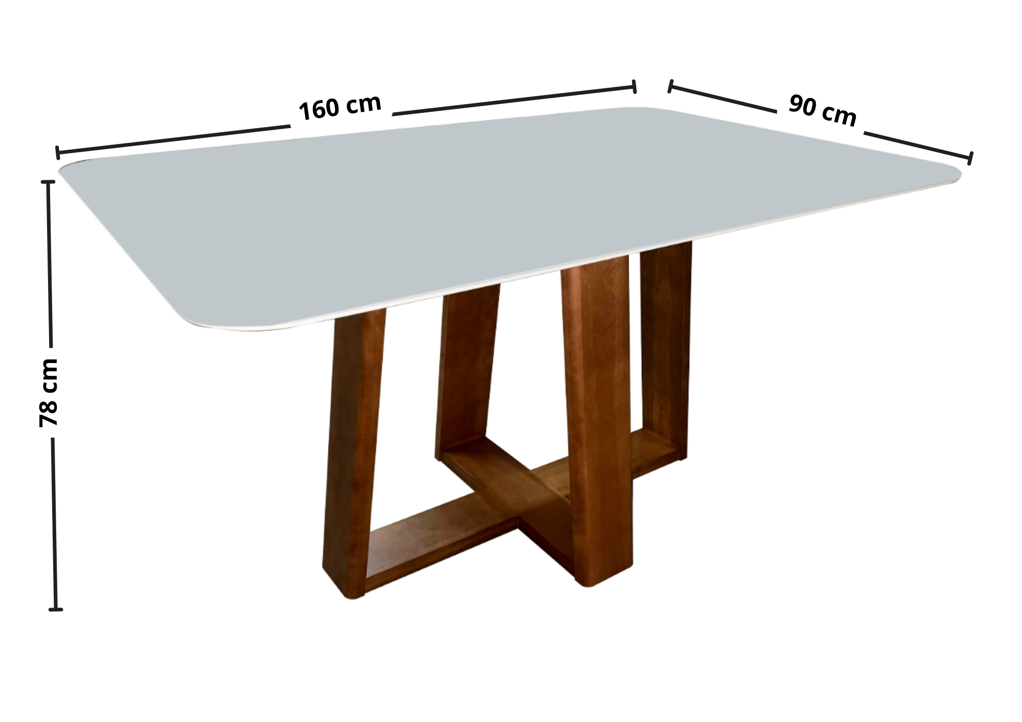 Mesa Retangular Manu Menegaz 160x90cm Canto Moeda Noce Tampo de Vidro Off White