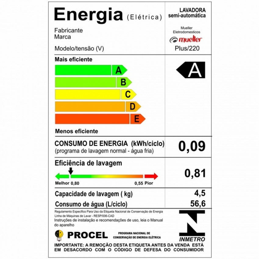 Lavadora de Roupas Semi Automática Mueller 4,5Kg Plus Agitação Timer Branca 220V