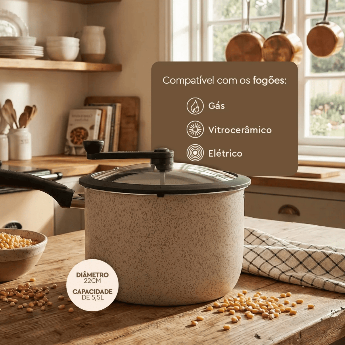 Panela Pipoqueira Ceramic Life Pic Poc Brinox 5,5L Antiaderente Vanilla