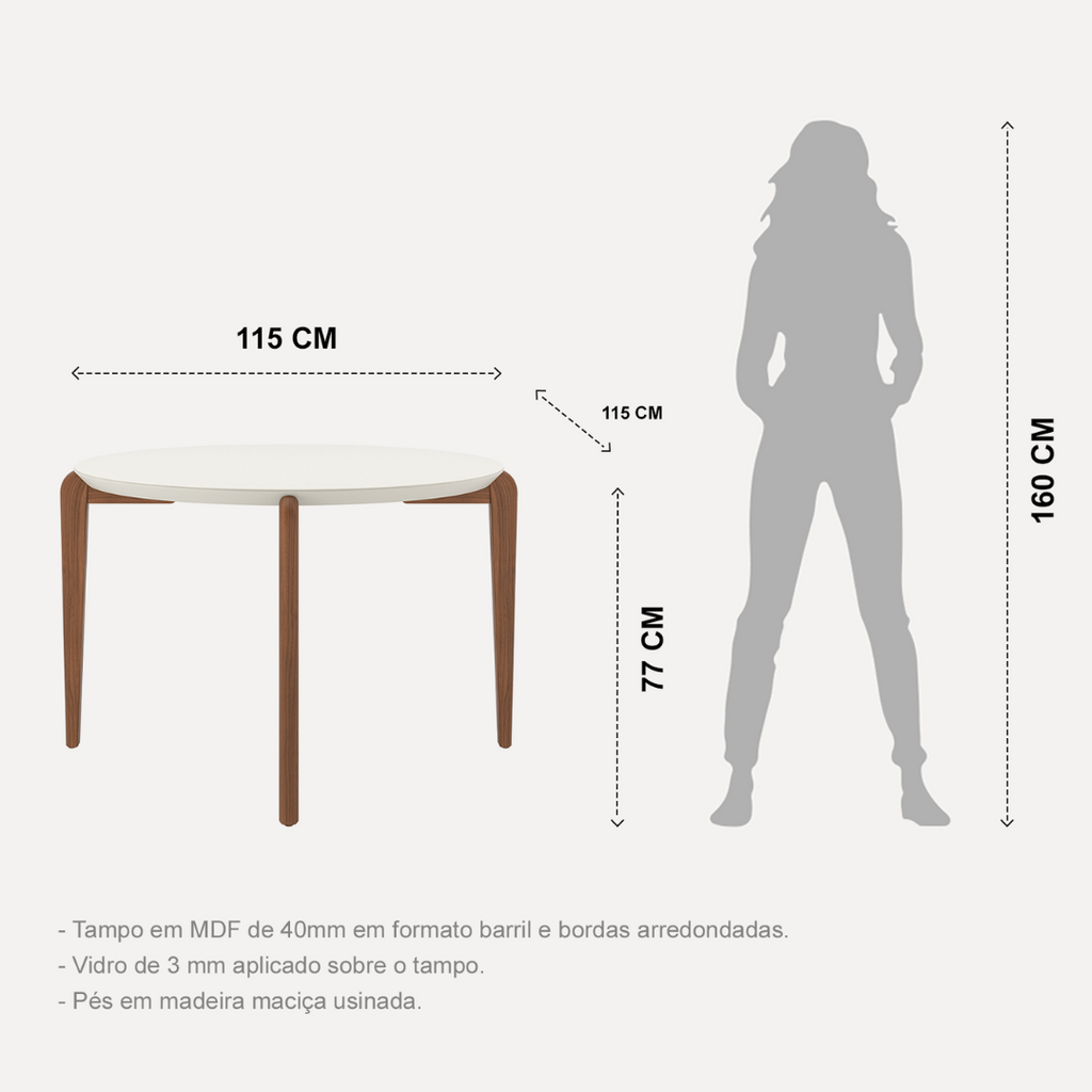 Mesa Redonda Donatella Província 115cm Natural Tampo Vidro Off White