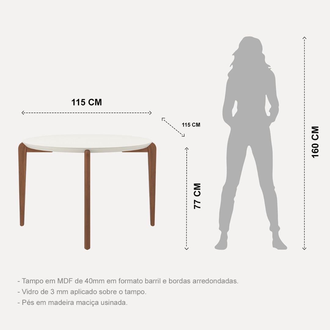 Mesa Redonda Donatella Província 115cm Natural Tampo Vidro Off White