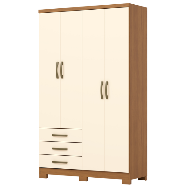 Roupeiro Caju Henn 121cm 4 Portas 3 Gavetas com Pé Cinamomo e Off White