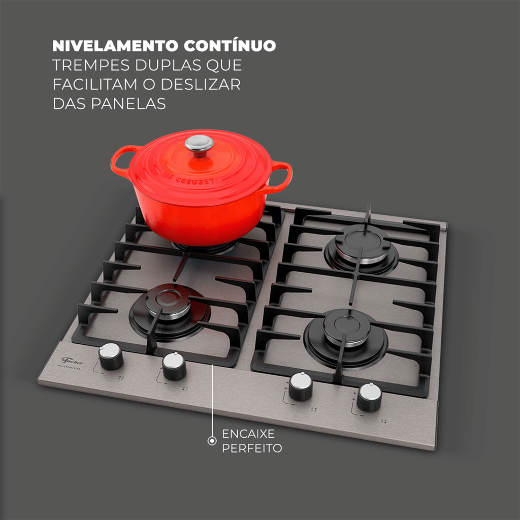 Cooktop à Gás Fischer 4 Bocas Platinium Prime Inox Bivolt