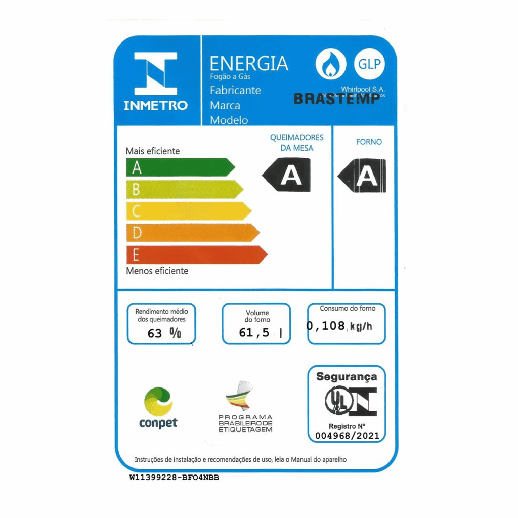 Fogão 4 Bocas Brastemp BFO4NBB Piso Duas Prateleiras com Alturas Ajustáveis Branco Bivolt