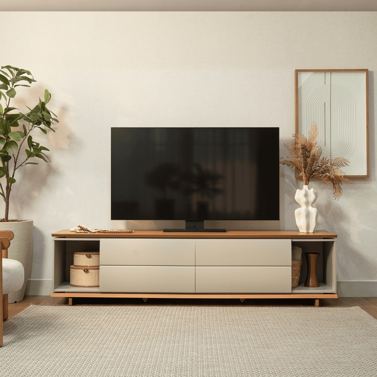 Rack Córdoba Linea 218cm 2 Portas com Led Canela e Gris Fosco