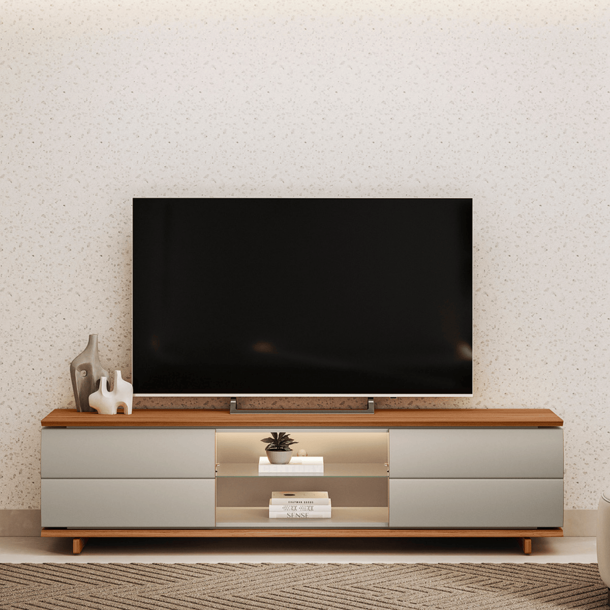 Rack Córdoba Linea 218cm 2 Portas com Led Canela e Gris Fosco