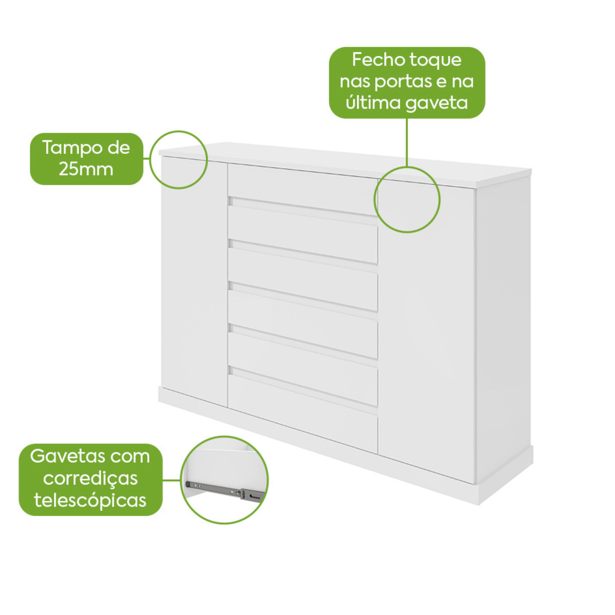 Cômoda Vedra 173cm Lopas 7 Gavetas 2 Portas Branco