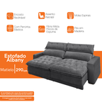 Sofá Albany 290cm Matielo 2 Assentos Retráteis com Encostos Reclináveis Veludo Cinza