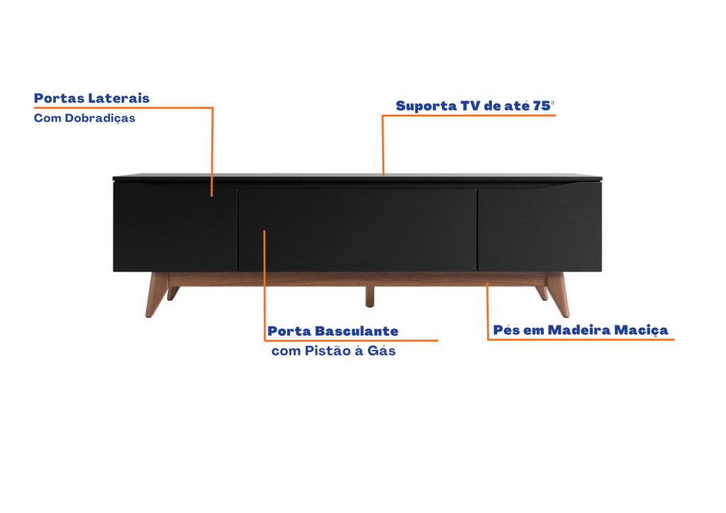 Rack Província Flynt 184cm 3 Portas Preto e Natural