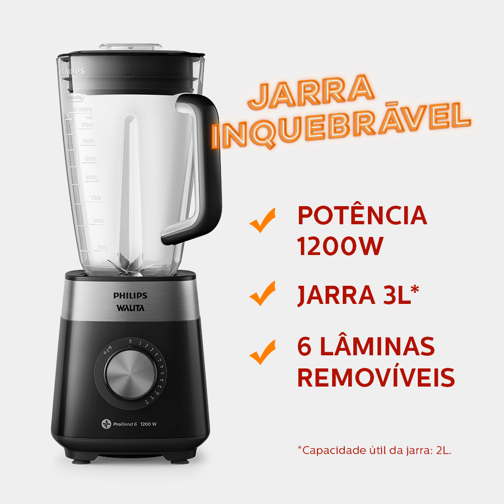 Liquidificador Philips Walita 2L Série 5000 1200W RI2242 Preto/Inox 220V