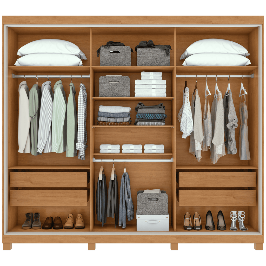 Roupeiro Quadrix Lopas 230cm 3 Portas Correr 100% MDF com Pés Flex Amêndoa e Off White