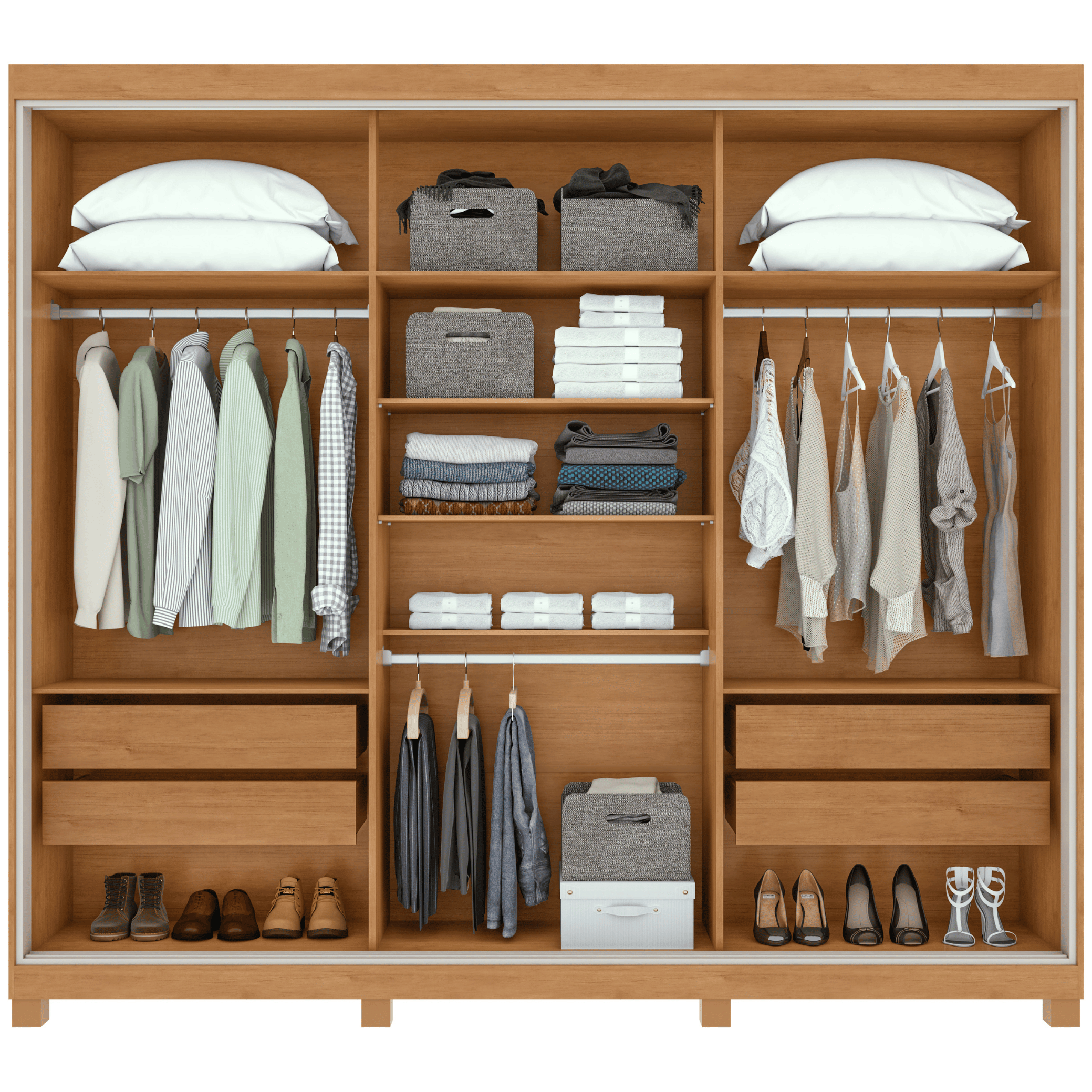 Roupeiro Quadrix Lopas 230cm 3 Portas Correr 100% MDF com Pés Flex Amêndoa e Off White