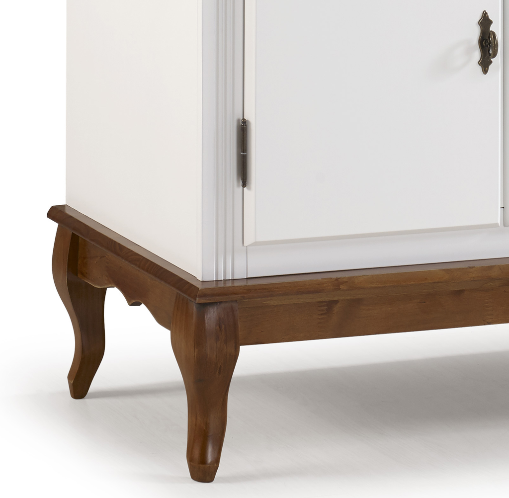 Balcão Buffet Rústico Linz com Pés Luiz XV 132cm 3 Portas 2 Gavetas Branco e Imbuia