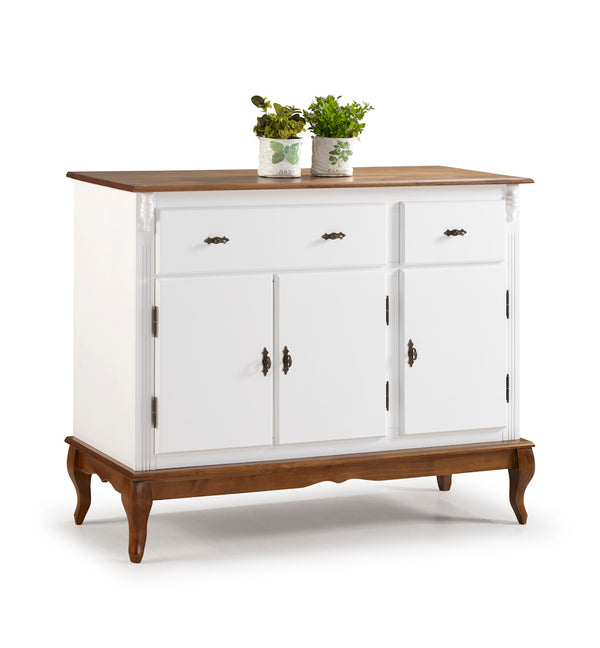 Balcão Buffet Rústico Linz com Pés Luiz XV 132cm 3 Portas 2 Gavetas Branco e Imbuia