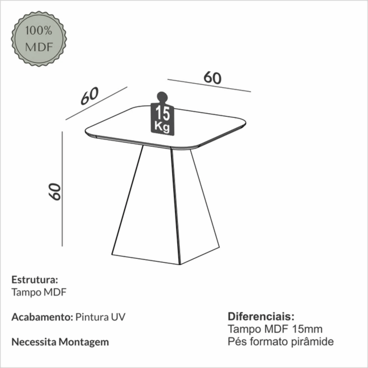 Mesa Lateral TB636 Dalla Costa 60cm 100% MDF Carvalho Rosé