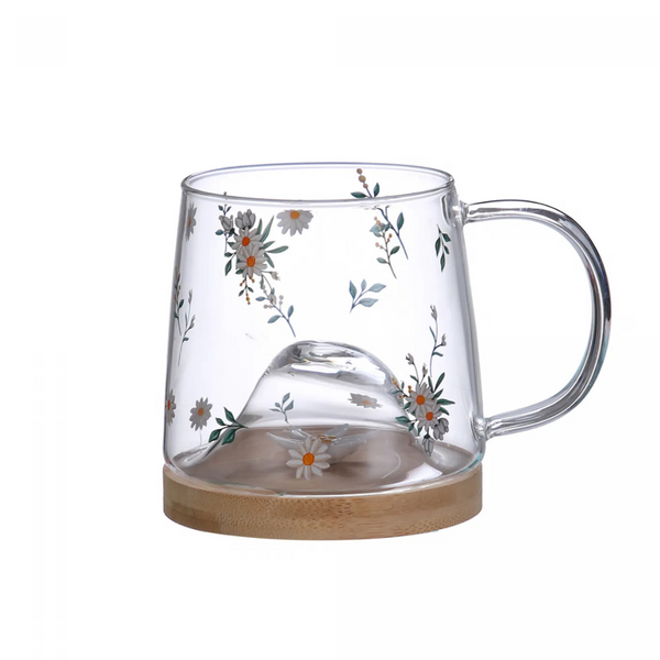 Caneca de Vidro Borossilicato Coliseu com Pires de Bambu Daisy 330ml