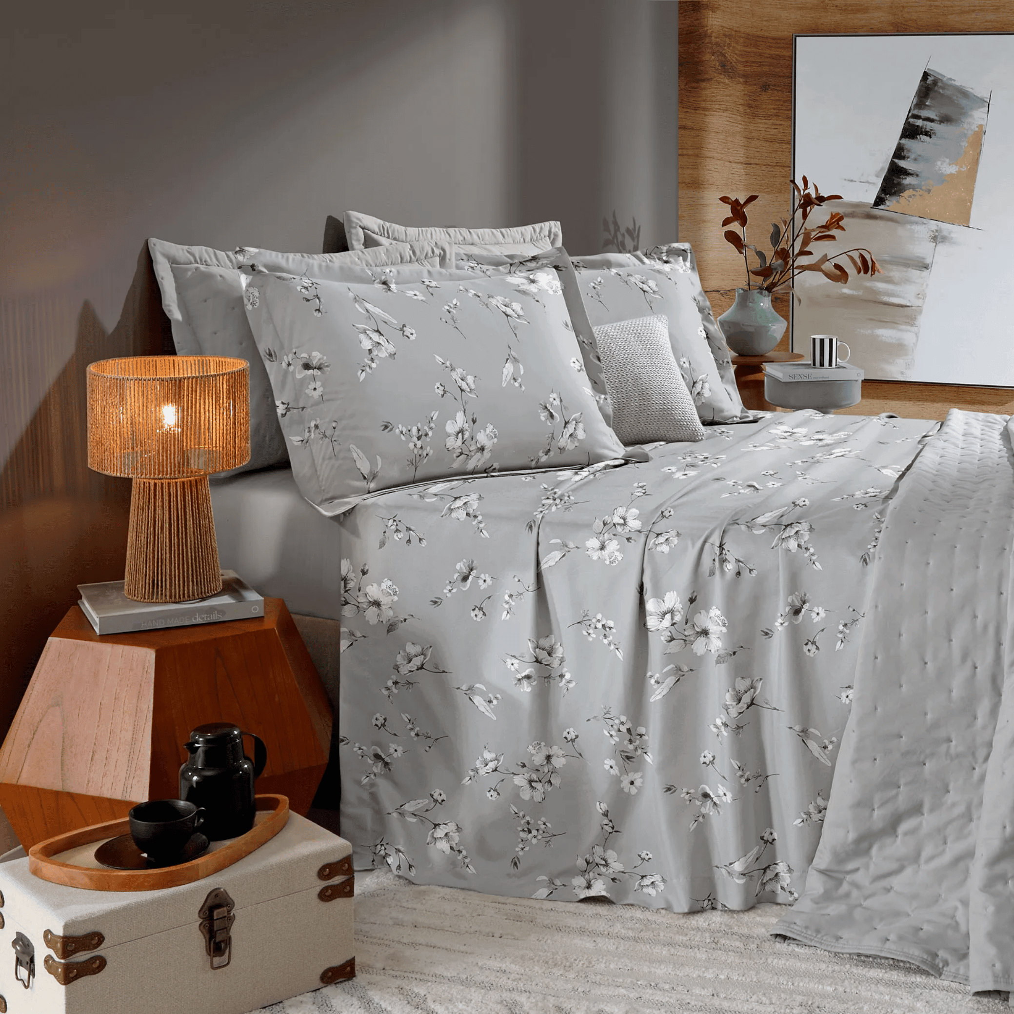 Jogo de Roupa de Cama King 4 peças Hedrons Toque de Algodão Nature