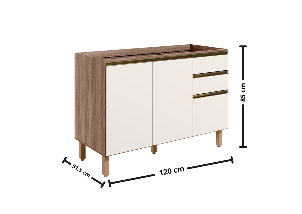 Balcão Nicioli Kali 120cm 100% MDF 2 Portas 3 Gavetas Carvalho Tok e Off White