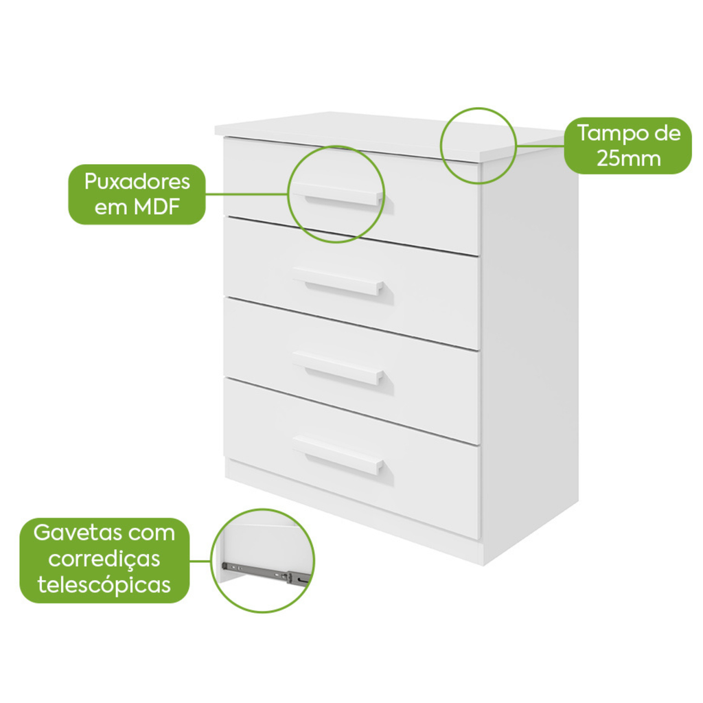 Cômoda Baião Lopas 4 Gavetas Branco