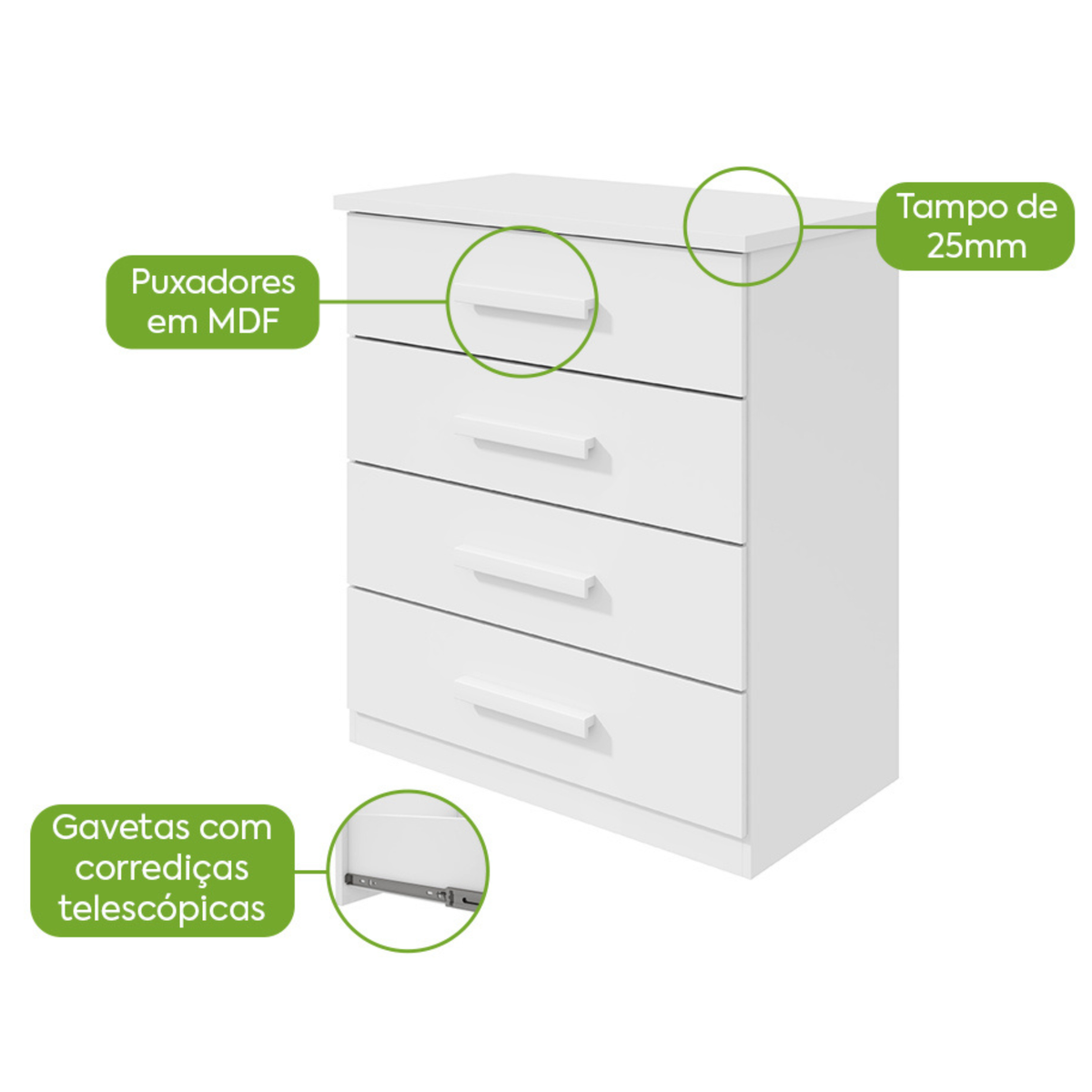 Cômoda Baião Lopas 4 Gavetas Branco