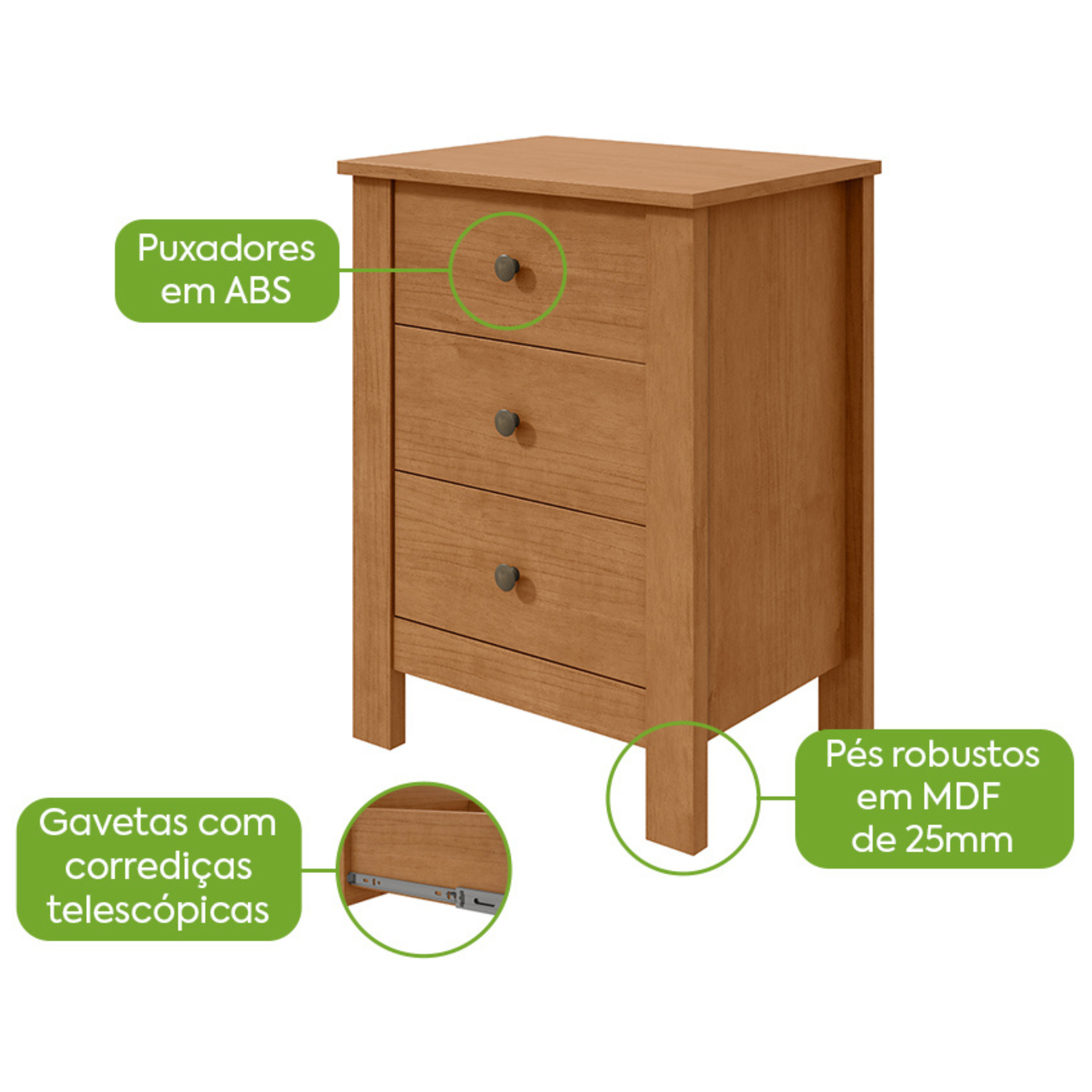Mesa de Cabeceira Maggiore Lopas 3 Gavetas Amêndoa Clean