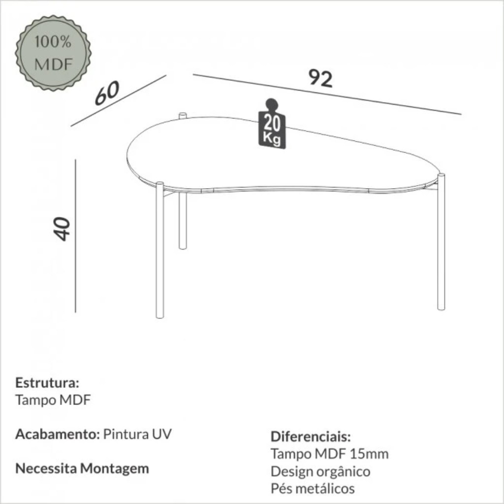 Mesa de Centro Orgânica Dalla Costa 90cm TB627 Pés Dourados Freijó