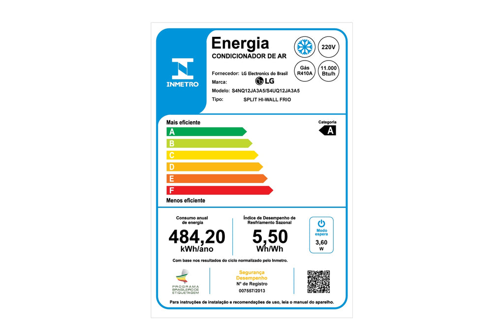 Ar Condicionado Split LG 12.000 BTUs S4-Q12JA3A5 Dual Inverter Compact Frio Branco 220V
