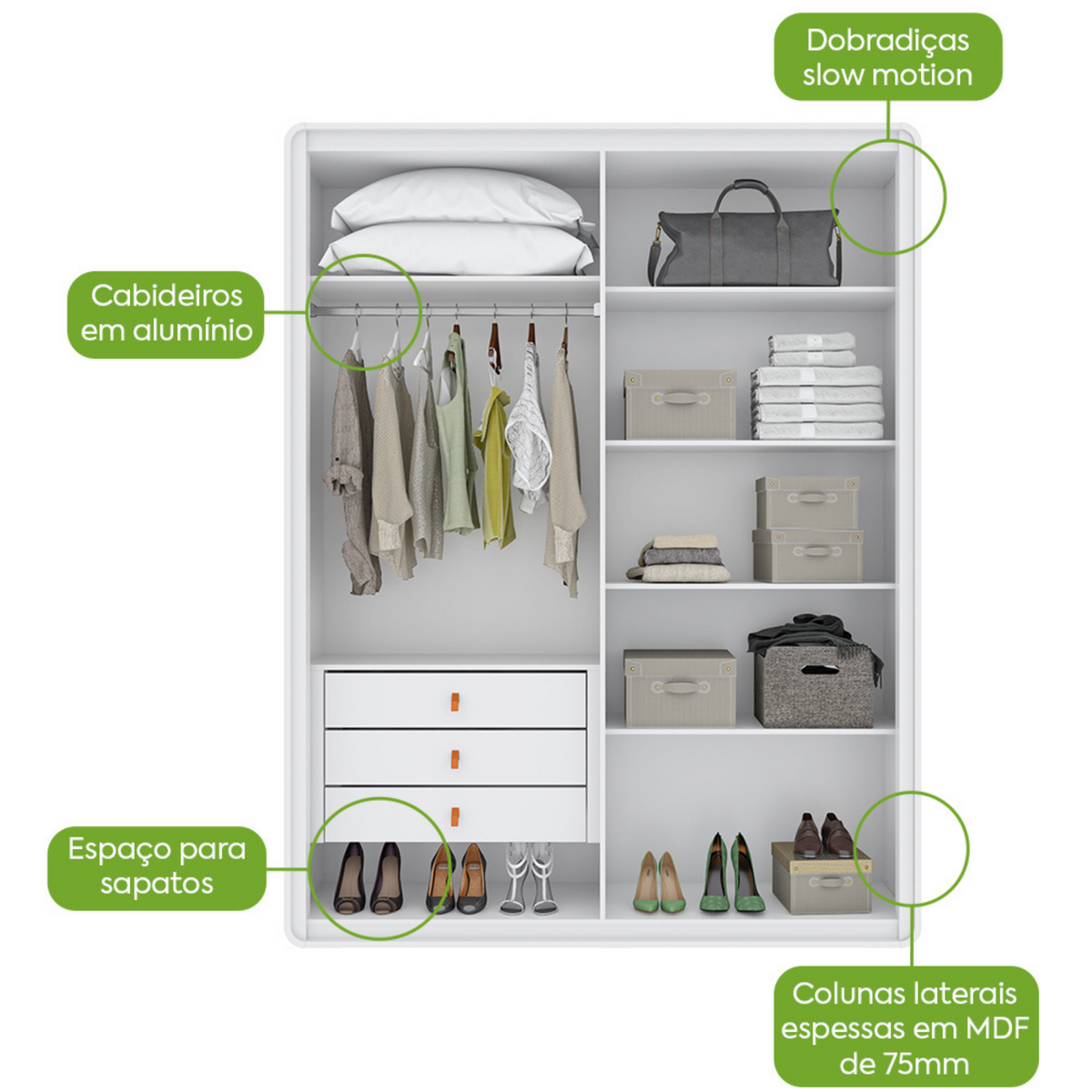 Roupeiro Loop Lopas 184cm 100% MDF 4 Portas Branco