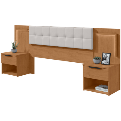 Cabeceira Calitan Queen Lopas 158cm com Mesas Laterais e Led Amêndoa e Off White
