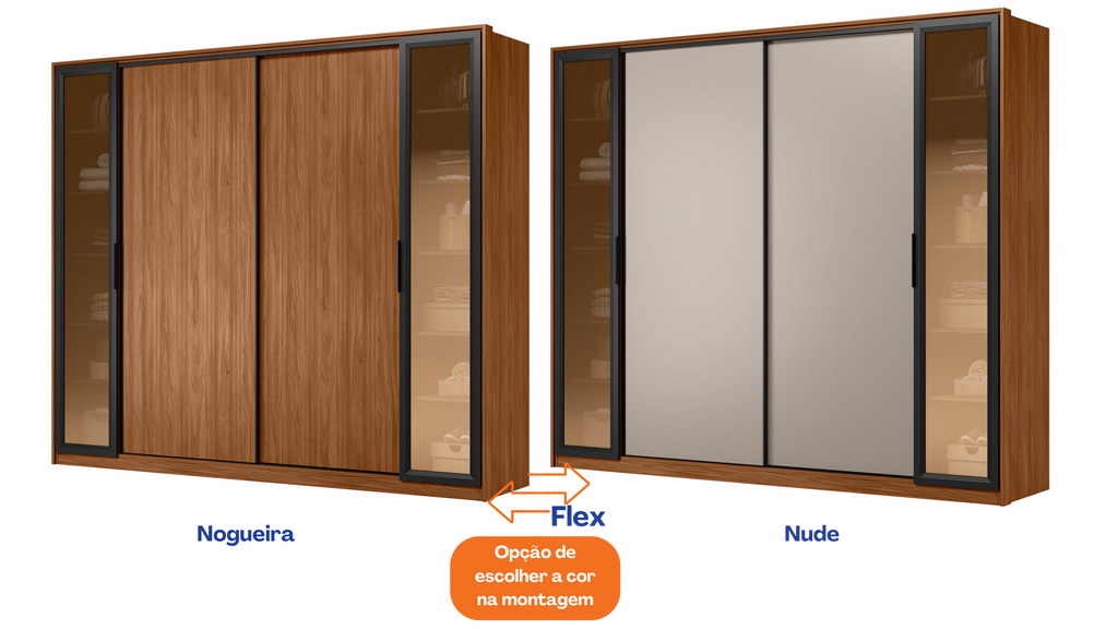 Roupeiro Laredo Demóbile 267cm 4 Portas 4 Gavetas Flex Nogueira/Nude