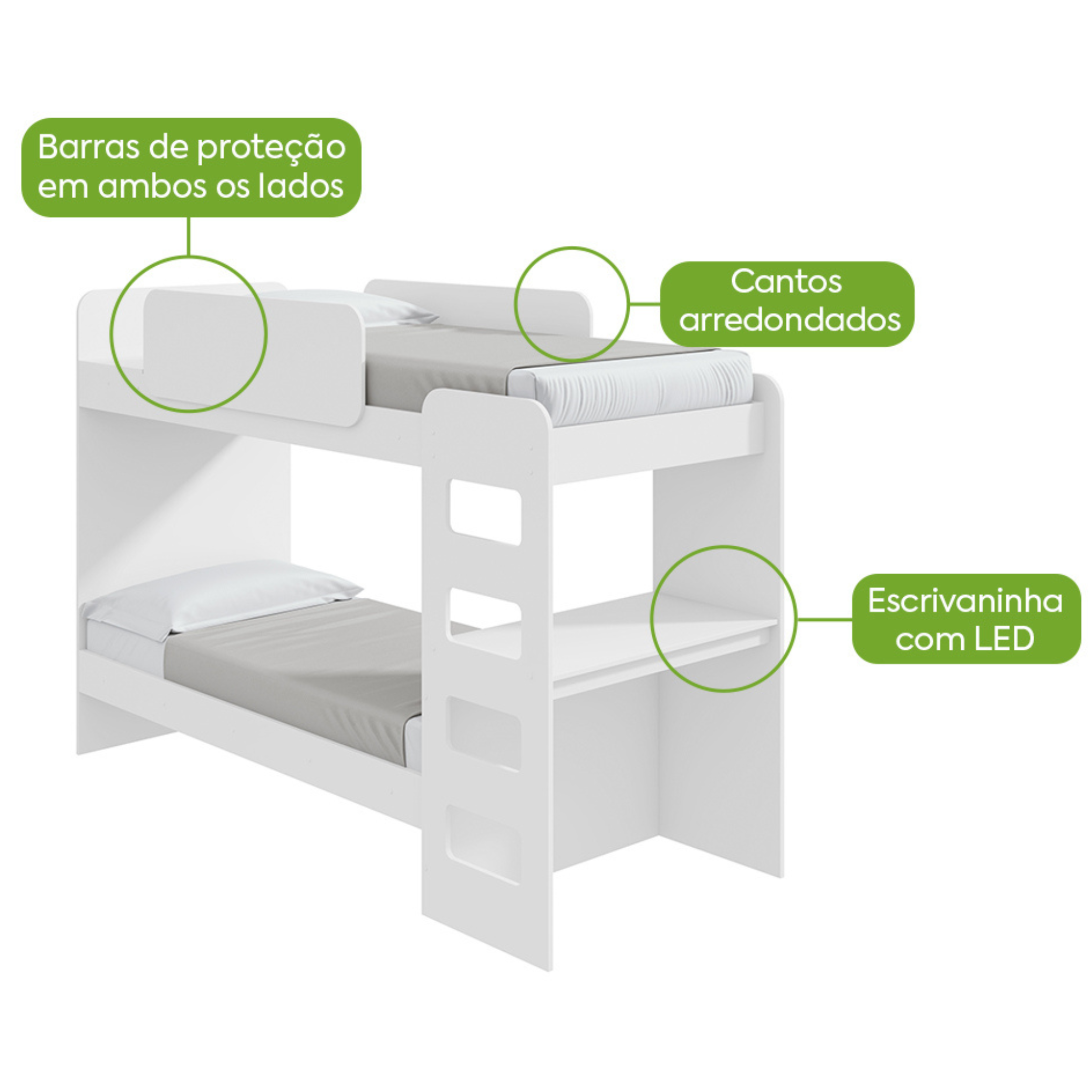 Beliche Solteiro Olga Lopas com Escrivaninha com Led Branco
