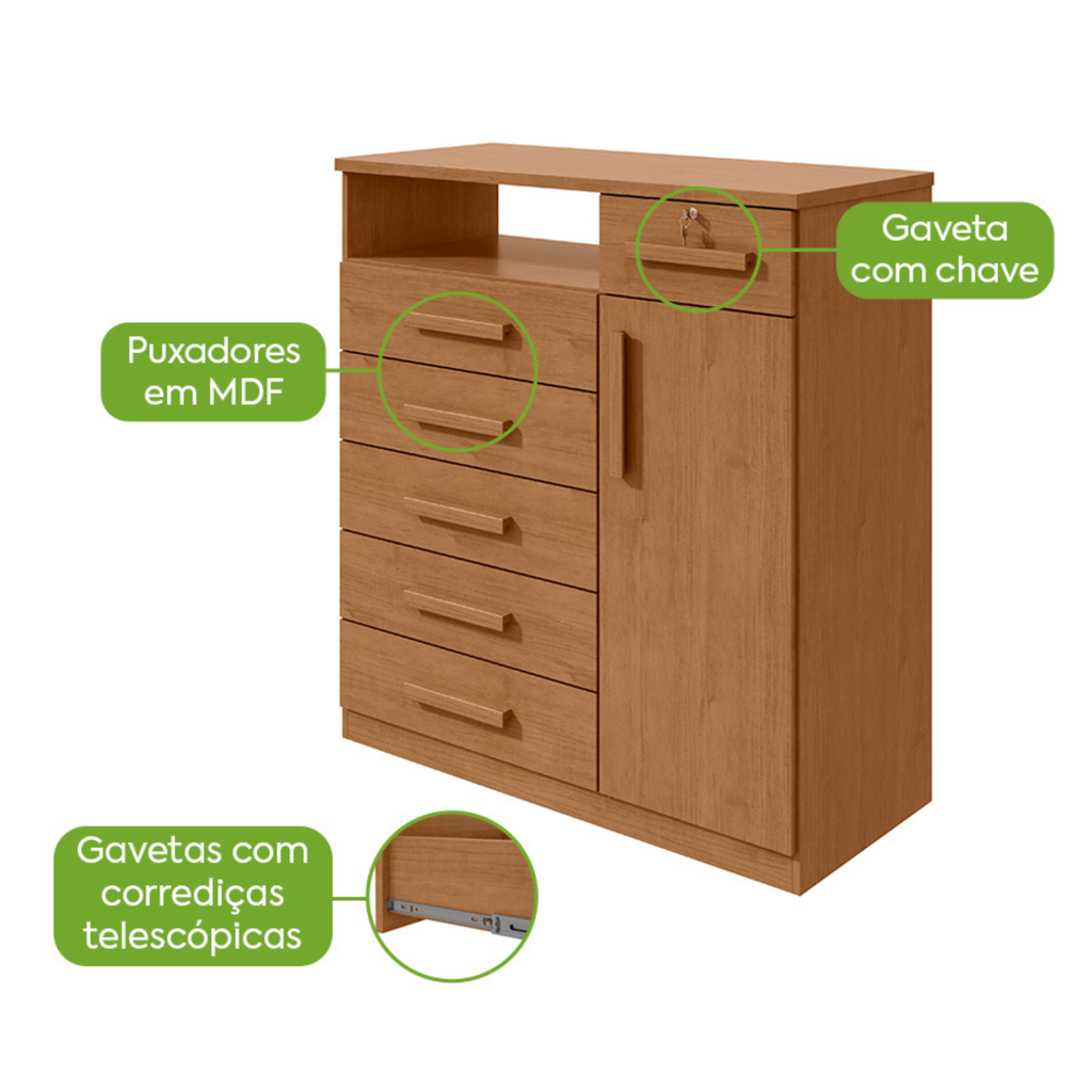 Cômoda Da Vinci Lopas 6 Gavetas e 1 Porta com Puxador em Madeira Amêndoa Clean
