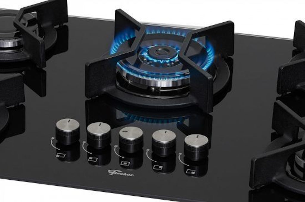 Cooktop à Gás Fischer 5 Bocas Infinity 26298-57077 Tripla Chama Grades em Ferro Fundido Vidro Preto Bivolt