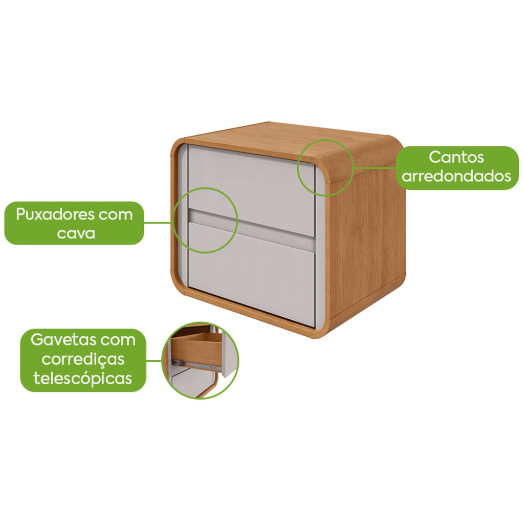 Mesa de Cabeceira Loop Lopas 55cm 2 Gavetas com Pés Amêndoa e Off White