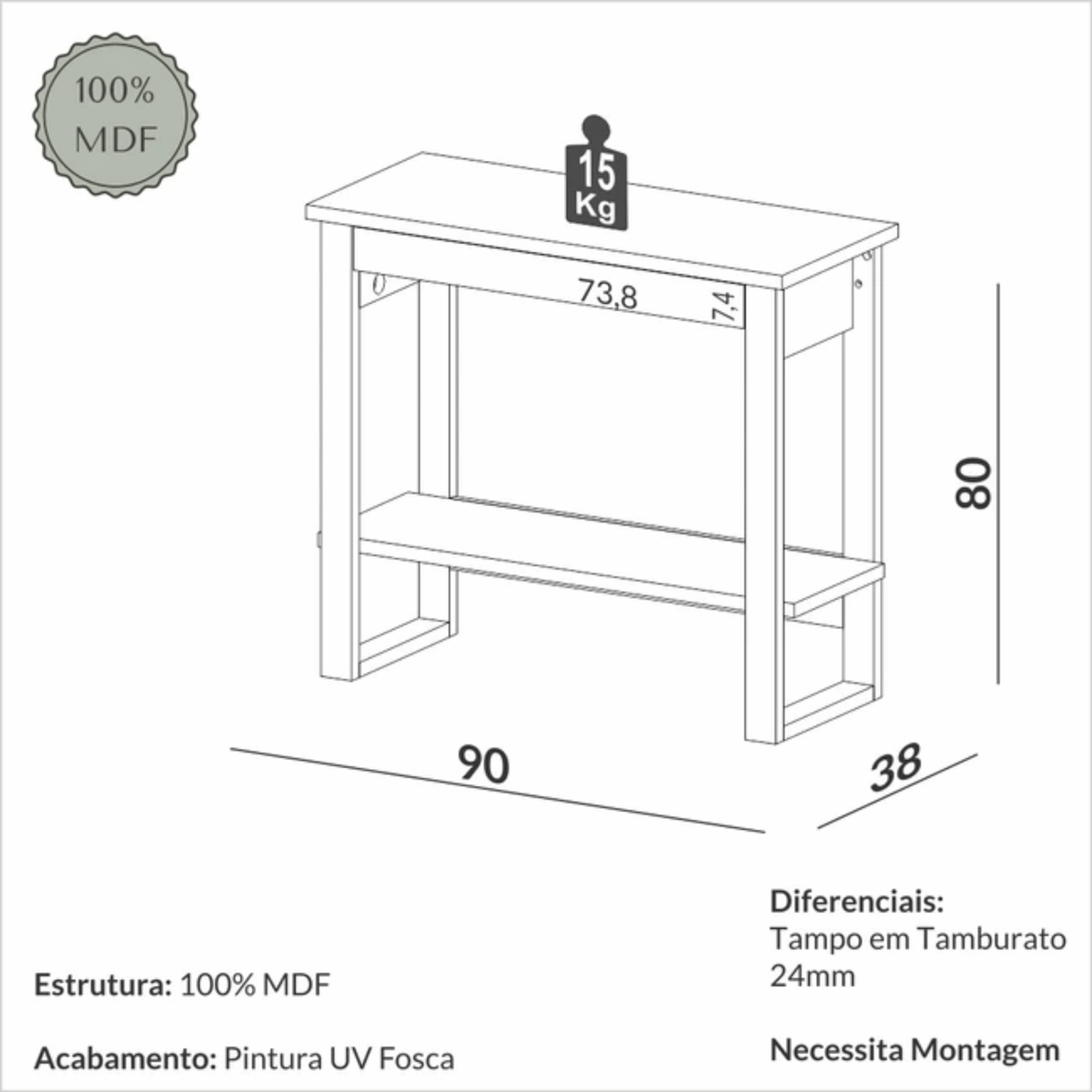 Aparador F55 Dalla Costa 90cm 1 Gaveta 100% MDF Freijó