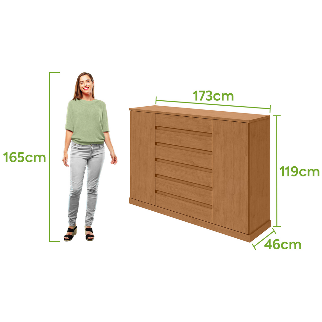 Cômoda Vedra 173cm Lopas 7 Gavetas 2 Portas Amêndoa Clean
